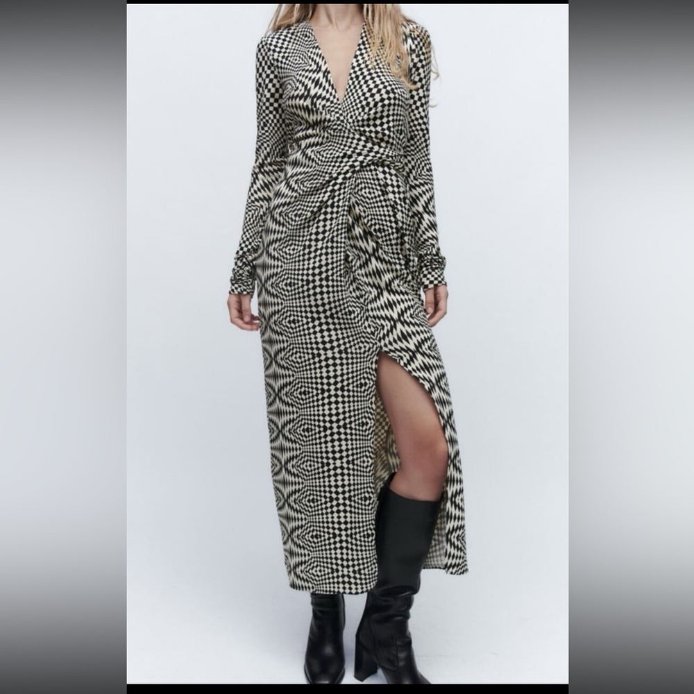 ZARA Black and White Printed Midi Draped Dress